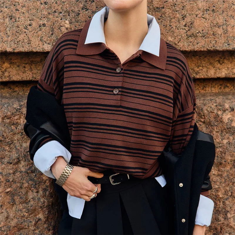 VacationGrabs Striped Sweater Women Long Sleeve Button Front Pullover Casual Crew Neck Tops Pullover Sweatshirt Fall Winter Outwear