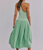 Women Drop Waist Midi Dress Summer Sleeveless Patchwork Tank Dress Y2k Bubble Hem A Line Maxi Dress with Pockets