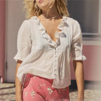 Boho Ruffle Puff Sleeve Blouse for Women Chiffon Lace Trim Button Down Tunic Top Summer Vacation V Neck Peplum Shirts