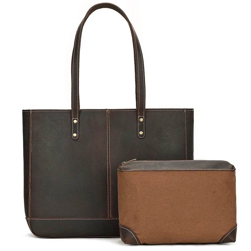 Genuine Leather Business Tote for Women with Makeup Bag Combo - VacationGrabs