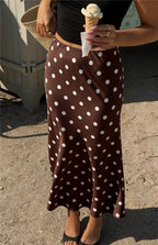 VacationGrabs French Vintage Polka Dot Satin Skirt High Waist Silky Midi Skirt Elegant Retro Print For Women Summer Y2K Streetwear