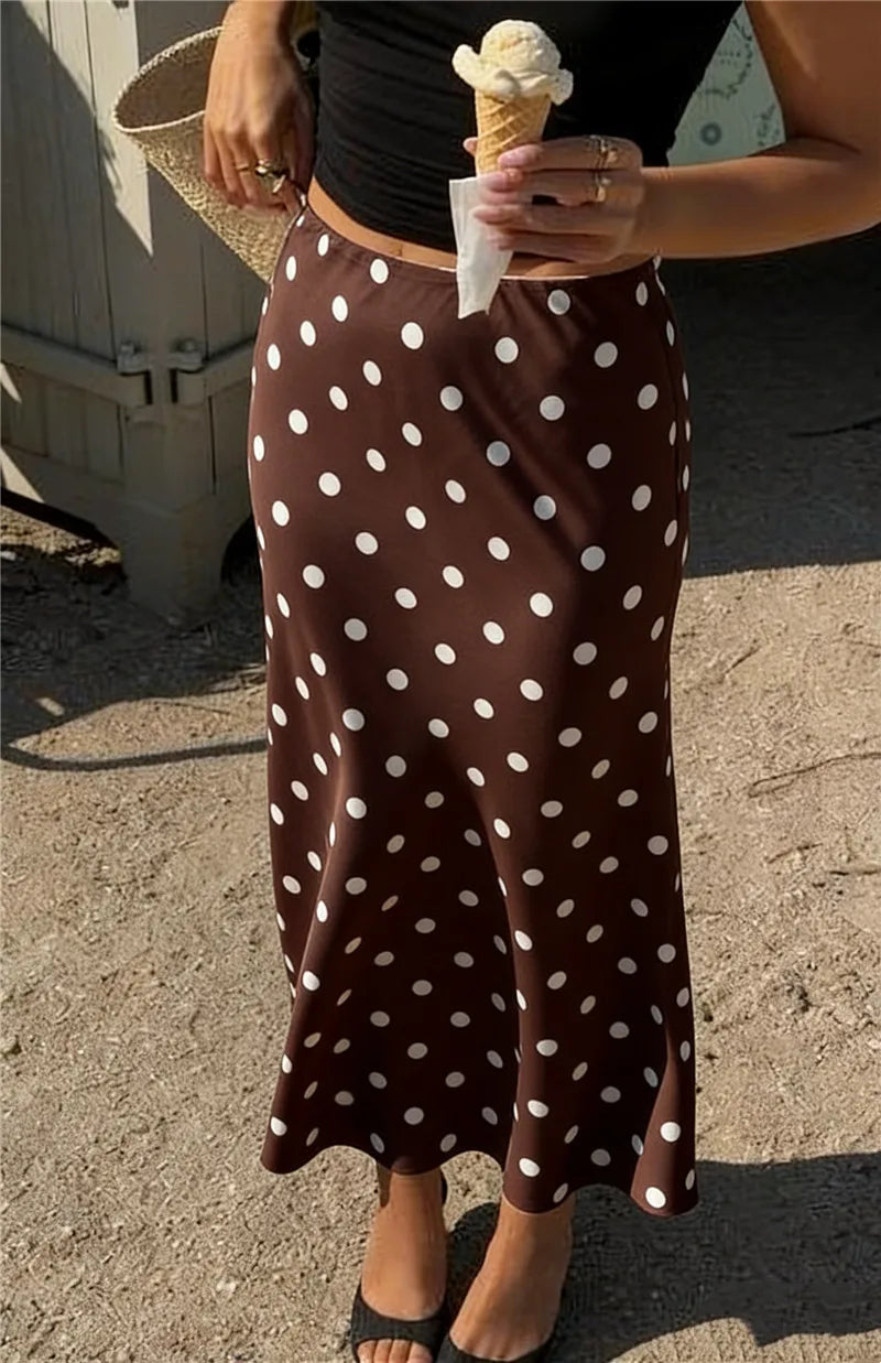 VacationGrabs French Vintage Polka Dot Satin Skirt High Waist Silky Midi Skirt Elegant Retro Print For Women Summer Y2K Streetwear
