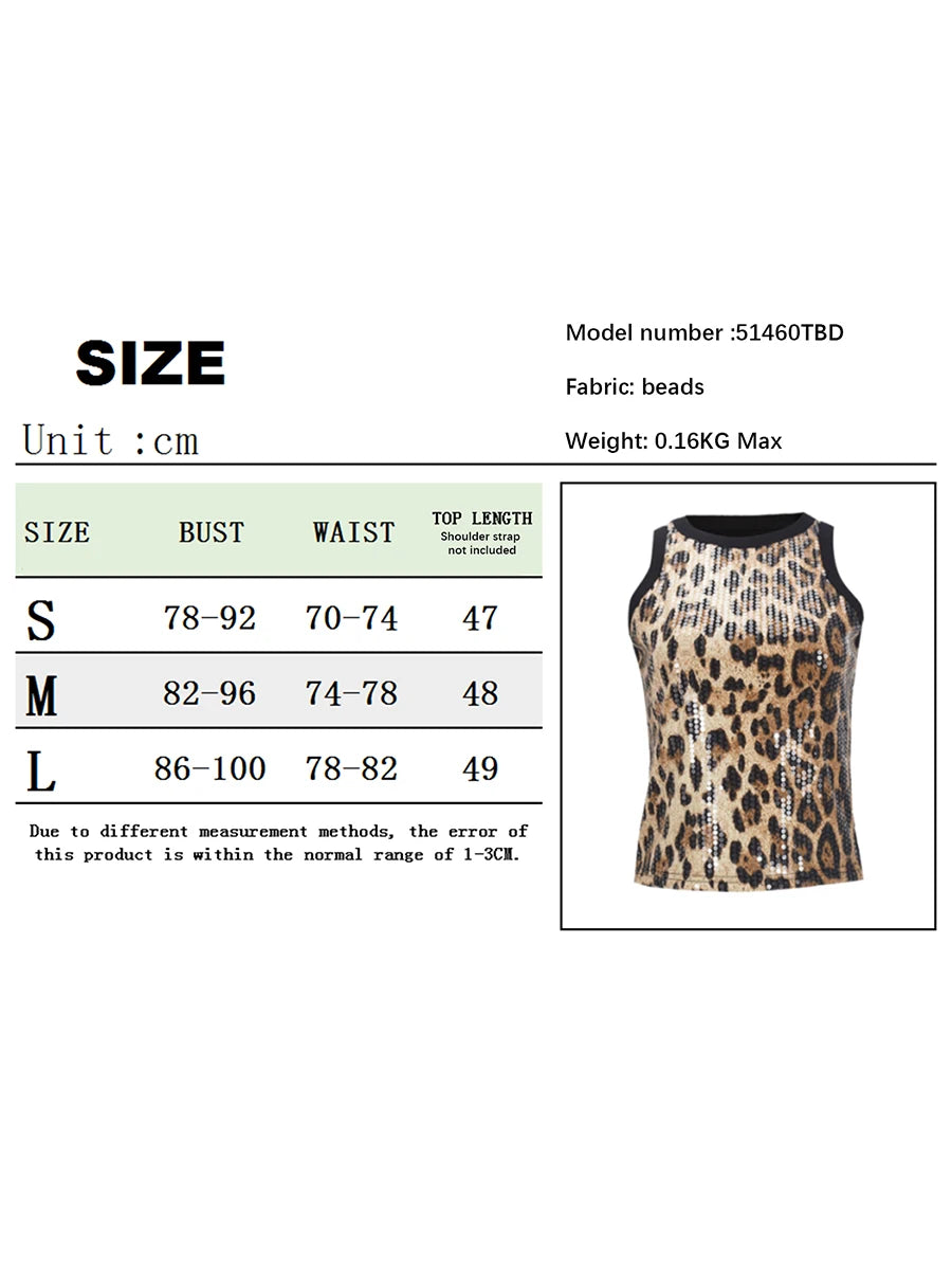 VacationGrabs Women's Summer Slim Fit Vest Crop Tops Sleeveless Round Neck Sequins/Leopard Print Cami Tank Tops Y2K Party Clubwear