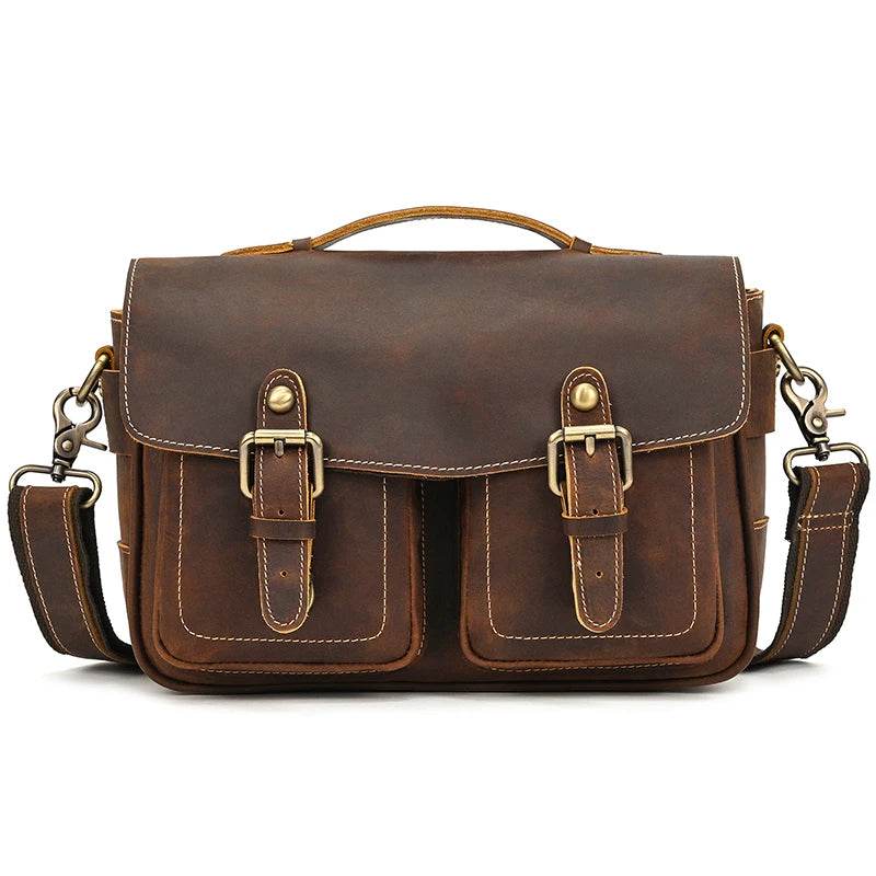 Vintage Crazy Horse Leather Messenger Bag for Men Crossbody Bag - VacationGrabs
