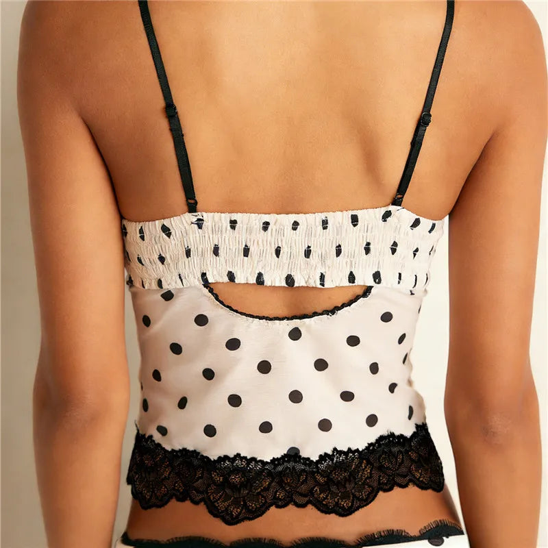 VacationGrabs Women's Summer Slim Camisole Lace Patchwork Y2K Polka Dot Print Spaghetti Strap Mesh Tank Tops Streetwear