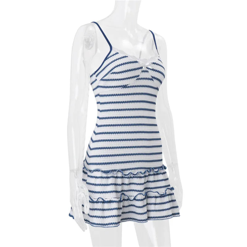 VacationGrabs Women Striped Cami Mini Dress Lace Trim V Neck Bow Detail Ruffle Hem Spaghetti Strap Bodycon Short Dress Summer Beach
