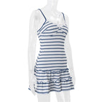 VacationGrabs Women Striped Cami Mini Dress Lace Trim V Neck Bow Detail Ruffle Hem Spaghetti Strap Bodycon Short Dress Summer Beach