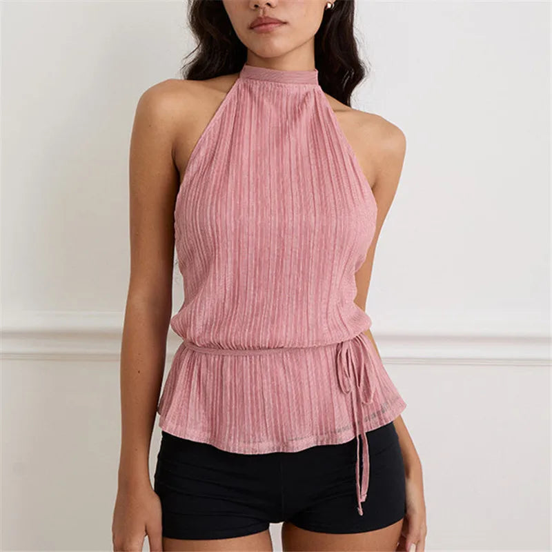 VacationGrabs Y2K Summer Backless Halter Neck Crop Tops Sleeveless Tie Up Open Back Shirts Vest Women's Chiffon Pleated Tank Top