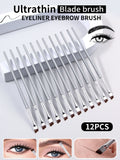 12pcs Silvery Super Thin Blade Eyeliner Brush & Soft Makeup Brush Set, Portable Eyebrow Brush & Multipurpose Cosmetic Tool