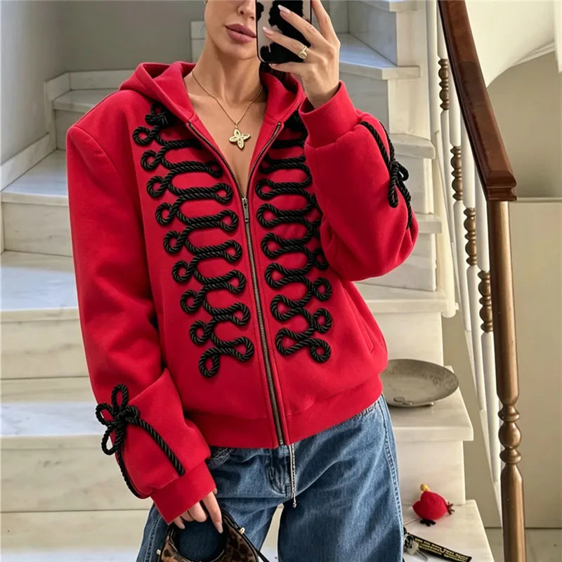 VacationGrabs Y2K Women Structured Shoulder Zip Hoodie 3D Rope Embroidery Braid Trim Jacket Street Fashion Casual Winter Hooded Coat