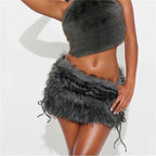 VacationGrabs Furry Mini Skirts Women Tie Side High Street Sexy Midnight Hottie Fashion Wild Party Simple Classic Autumn Winter Bottom