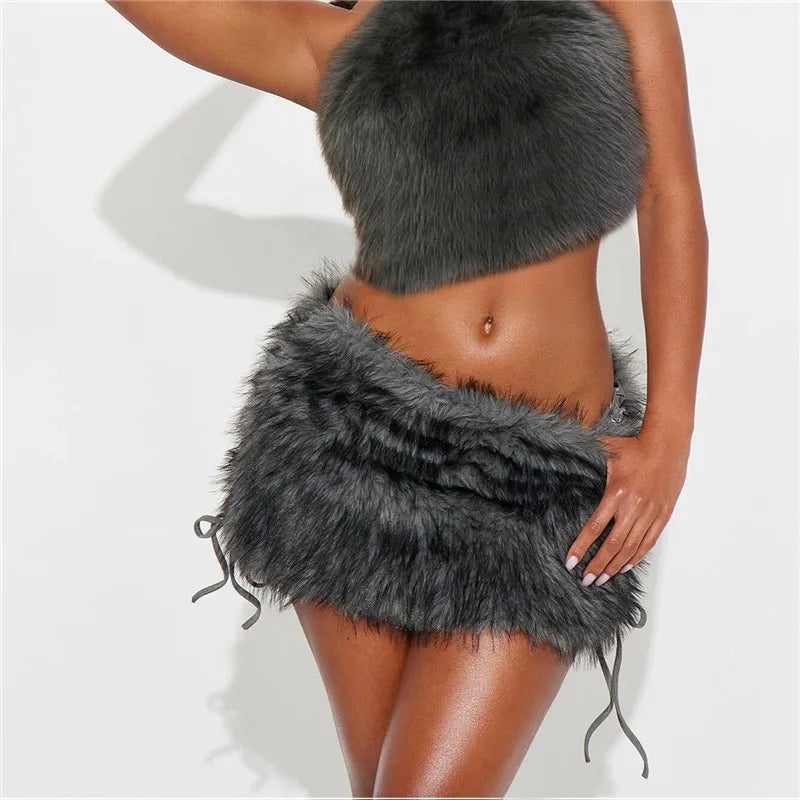 VacationGrabs Furry Mini Skirts Women Tie Side High Street Sexy Midnight Hottie Fashion Wild Party Simple Classic Autumn Winter Bottom