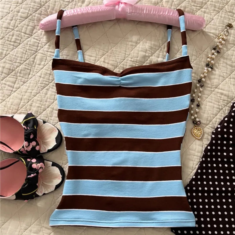 VacationGrabs Cute Stripe Camisole Top Summer Women Sweetheart Neck Spaghetti Strap Slim Low Back Crop Top Y2K Aesthetic Streetwear