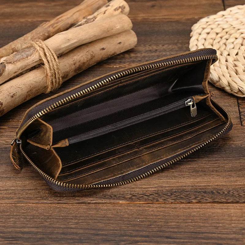 Men's Zip Long Wallet Natural Cowhide for Cards, Cash & Phone - VacationGrabs