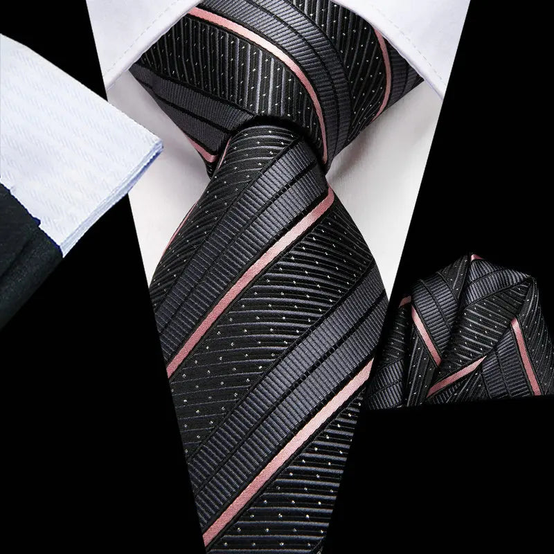Black striped tie and pocket square set, ideal for formal events on how fold a pocket square