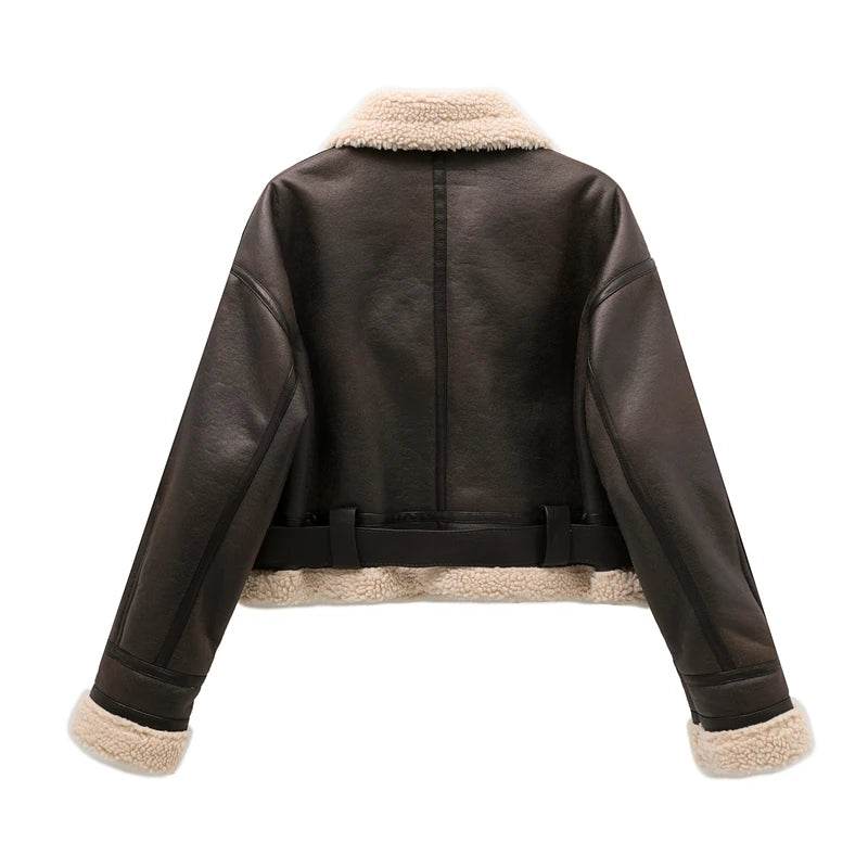 Women's Faux Shearling Vintage Jacket with Belt - VacationGrabs