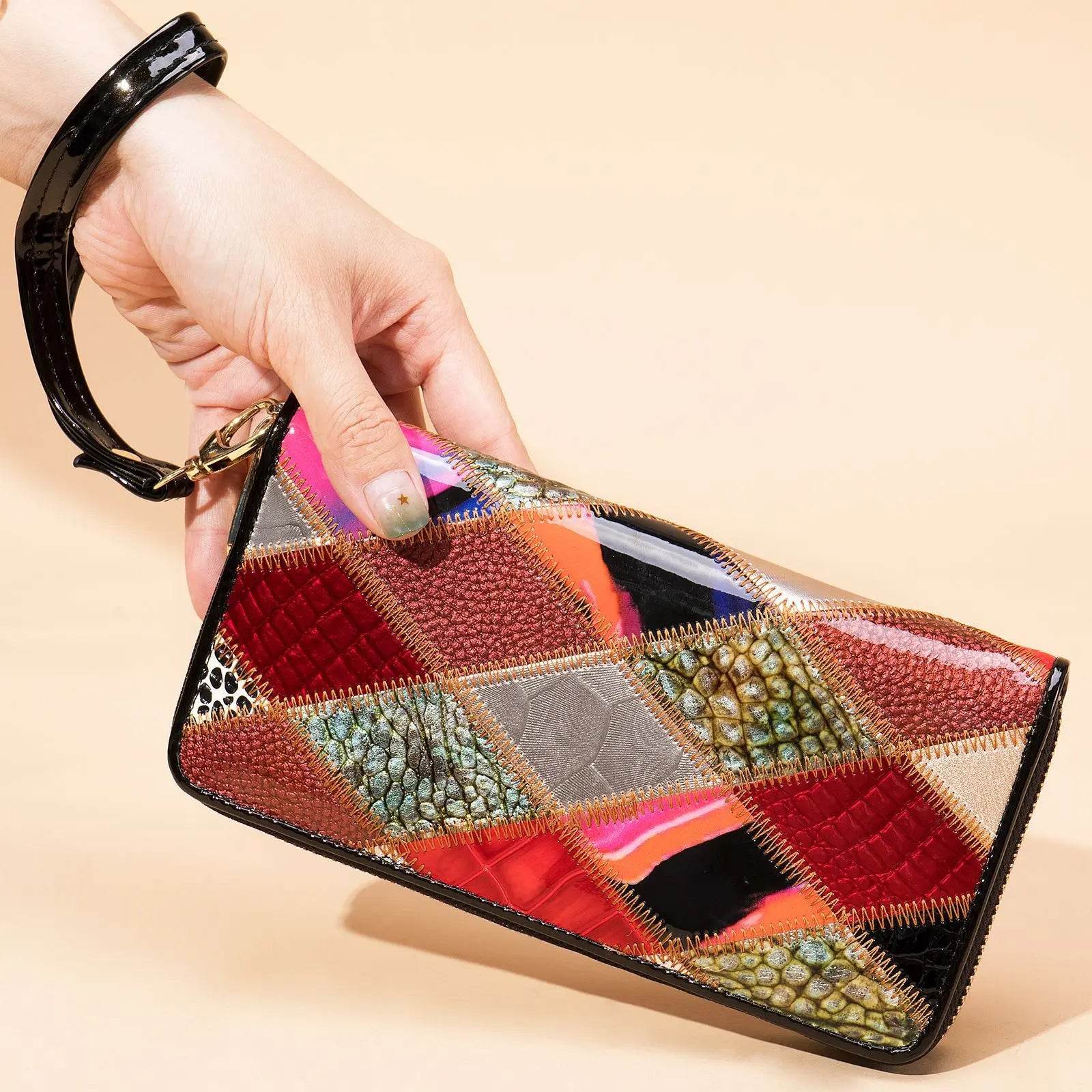 Women’s Cowhide Patchwork Clutch Bag Ethnic Style Genuine Leather Purse - VacationGrabs