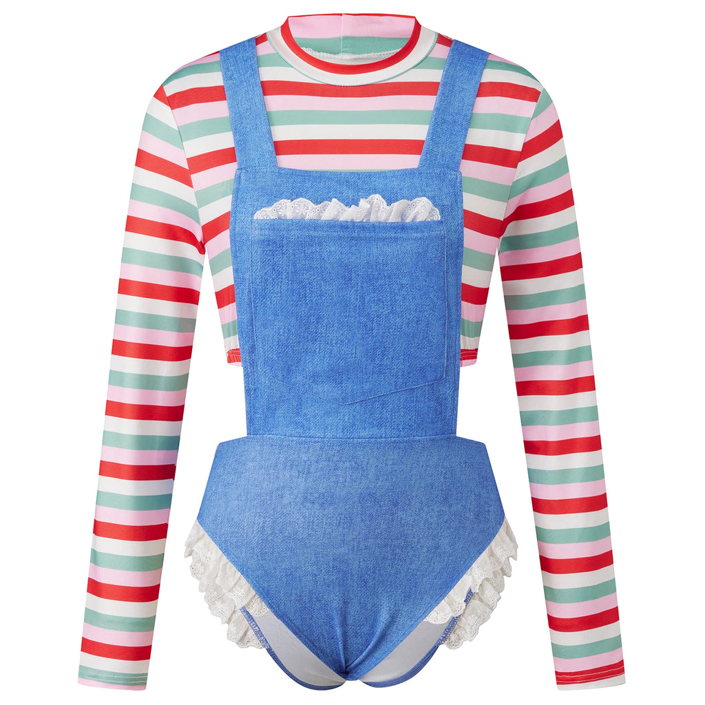 VacationGrabs Women Farm Girl Cosplay Costume Striped Long Sleeve Crop Top Denim Look Lace Ruffle Bodysuit Halloween Party Club Outfit