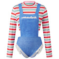 VacationGrabs Women Farm Girl Cosplay Costume Striped Long Sleeve Crop Top Denim Look Lace Ruffle Bodysuit Halloween Party Club Outfit