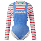 VacationGrabs Women Farm Girl Cosplay Costume Striped Long Sleeve Crop Top Denim Look Lace Ruffle Bodysuit Halloween Party Club Outfit