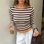 VacationGrabs Ladies Striped Ribbed Knit Crop Top Boat Neck Long Sleeve Form Fitting Slim Fit Casual Streetwear Fall Winter Daily Wear