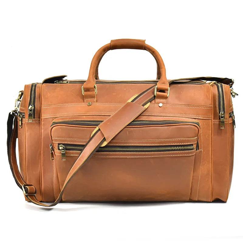 60cm High Capacity Genuine Leather Travel Duffle for Men Weekend Bag - VacationGrabs