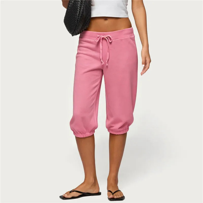 Women Vintage Y2K Low Waist Capri Sweatpants Drawstring Loose 3/4 Length Cropped Casual Streetwear Solid Color Loungewear Pants