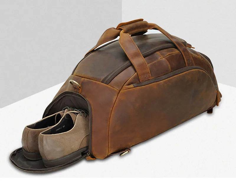 Crazy Horse Leather Travel Handbag Sling Bag Overnight Duffle - VacationGrabs