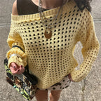 VacationGrabs Women Retro Y2K Hollow Knit Mesh Sweater Off‑Shoulder Slouchy Oversized Pullover Long Sleeve Grunge Vintage Street Tops