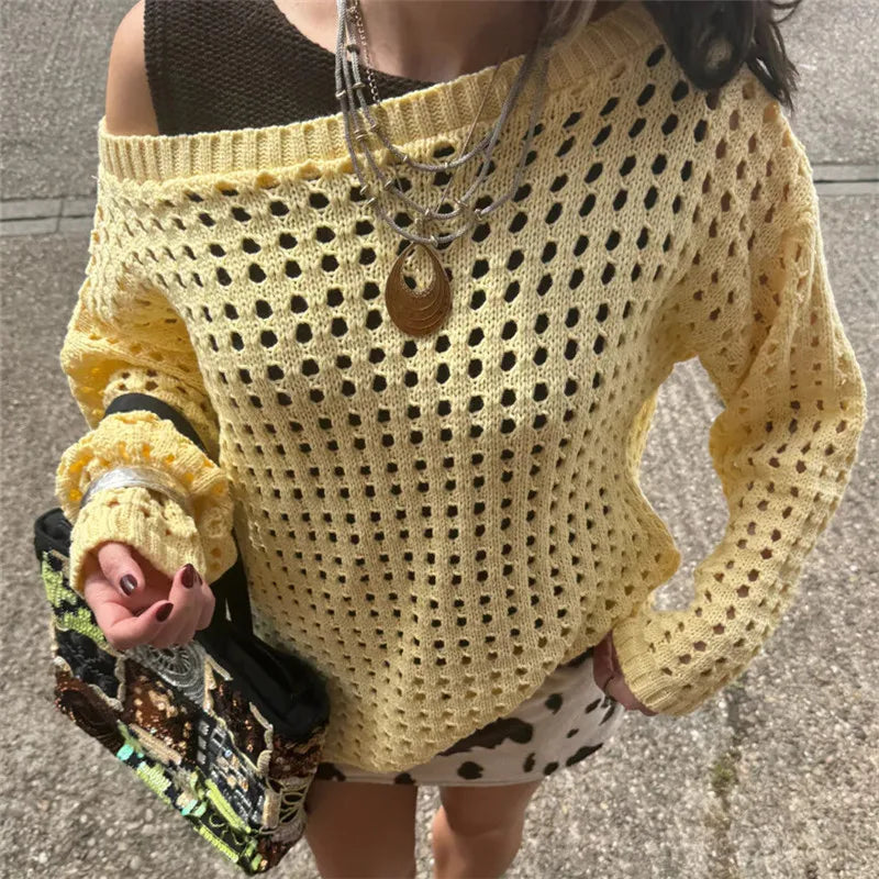 VacationGrabs Women Retro Y2K Hollow Knit Mesh Sweater Off‑Shoulder Slouchy Oversized Pullover Long Sleeve Grunge Vintage Street Tops