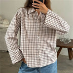 VacationGrabs Y2K Vintage Long Sleeve Blouse Stripes Collared Shirts Striped Button Down Shirt Women Oversized Trendy Fall Y2K Clothes