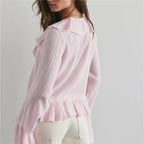 VacationGrabs Y2K Retro Raw Fringe Ruffle Crop Blouse Women Crinkled Texture V Neck Tie Front Flare Long Sleeve Casual Street Shirts