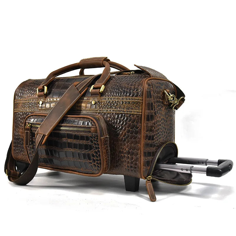 Rolling Genuine leather hand luggage travel bag with wheels