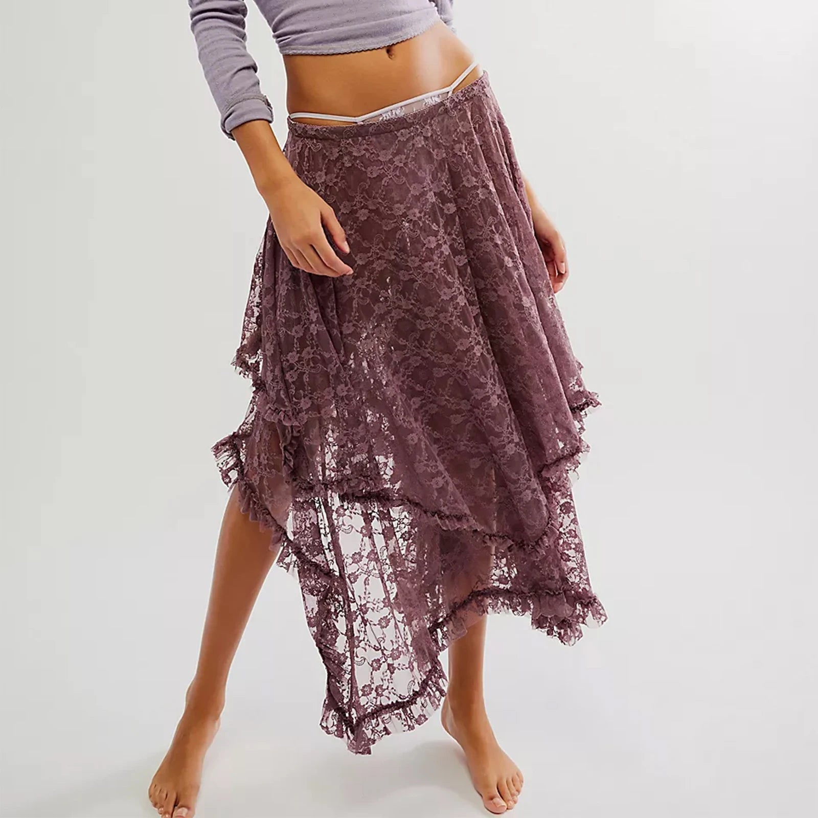 VacationGrabs Floral Lace Long Skirt for Women Y2K Elastic Waist Asymmetrical Layered Maxi Skirt Sexy See Through Flowy Beach Skirt