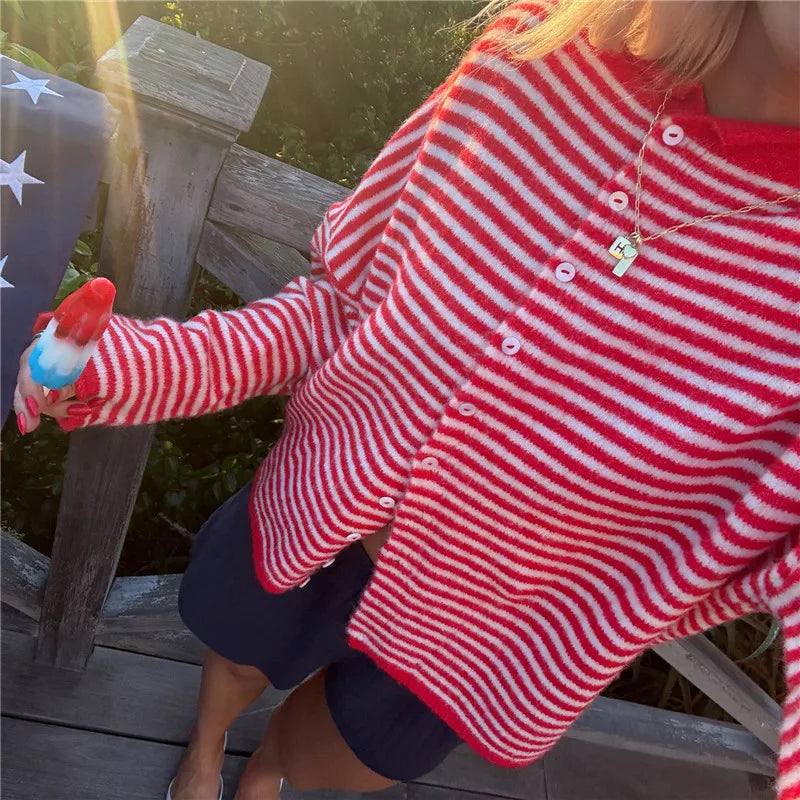 Y2K Crew Neck Open Front Button Down Long Sleeve Knit Sweaters Womens Striped Cardigan Sweater Casual Winter Fall Outerwear