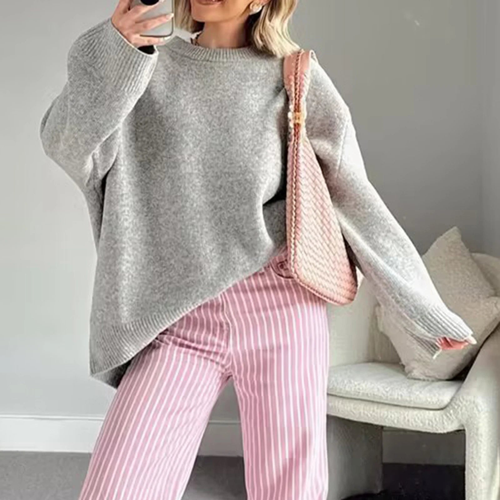 VacationGrabs Women Y2K Oversized Sweater Preppy Long Sleeve Crew Neck Solid Color Loose Grunge Pullover Ribbed Knit Jumpers Top