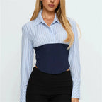 VacationGrabs Striped Long Sleeve Corset Shirt Womens Button Up Fall Stylish Layering Tie Back Crop Shirts Blouse Fashion Streetwear