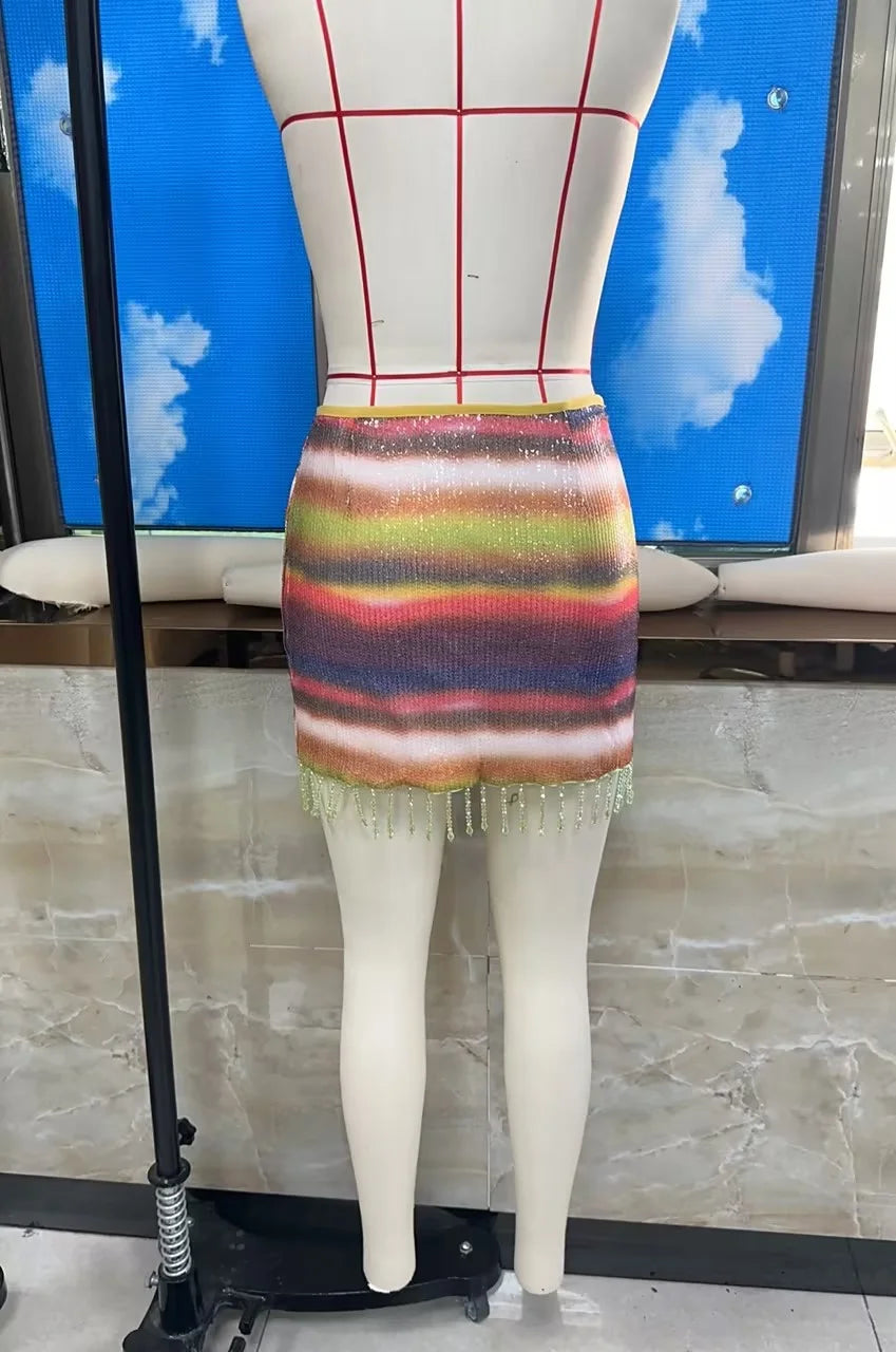 VacationGrabs Women's Y2K Sequined Mini Skirts Fashion Low Waist Rainbow Color Tassel Hem Slim Fit Skirts Short Night Club Dress