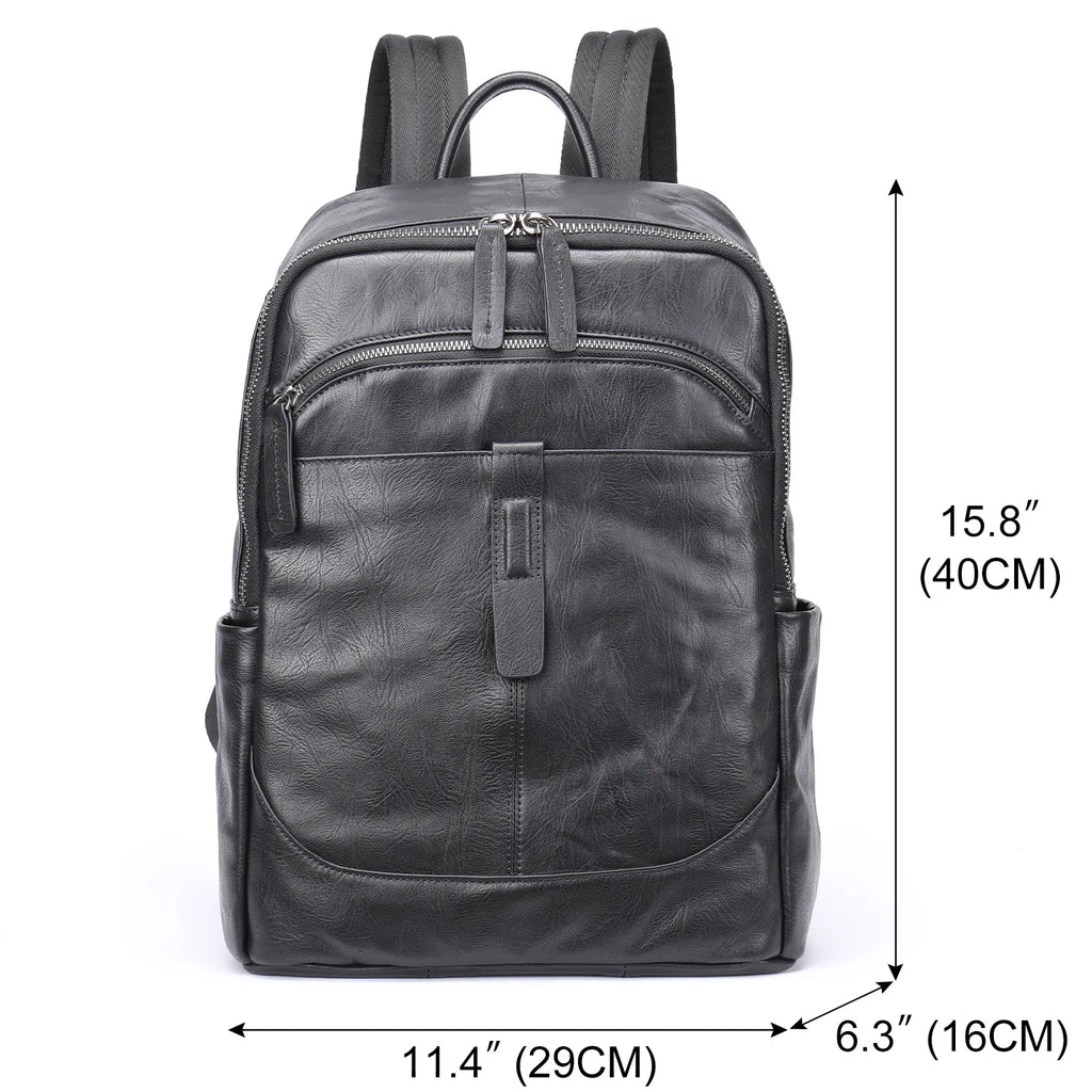 Black Leather Backpack for Men Casual Travel Daypack 14"