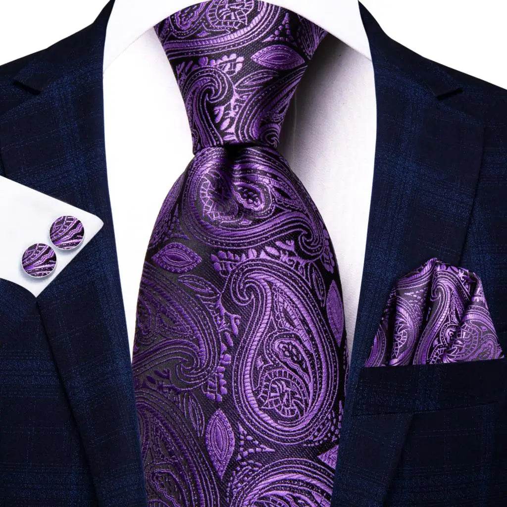 Purple Paisley Silk Tie Set for Men - VacationGrabs