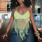 Summer Beach Vacation Hollow Out Knitted Backless Crop Tops Fringed Sequins Tessel Tank Top Women Crochet Halterneck Camis Top