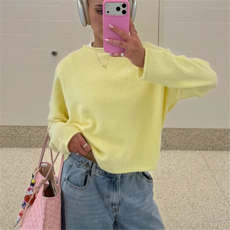 VacationGrabs Solid Knit Pullover Women Loose Drop Shoulder Long Sleeve Crew Neck Short Sweater Minimalist Winter Fall Casual Knitwear