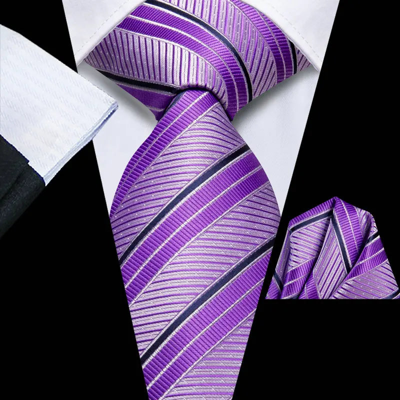 Purple striped tie and pocket square set, perfect for formal events, how fold a pocket square