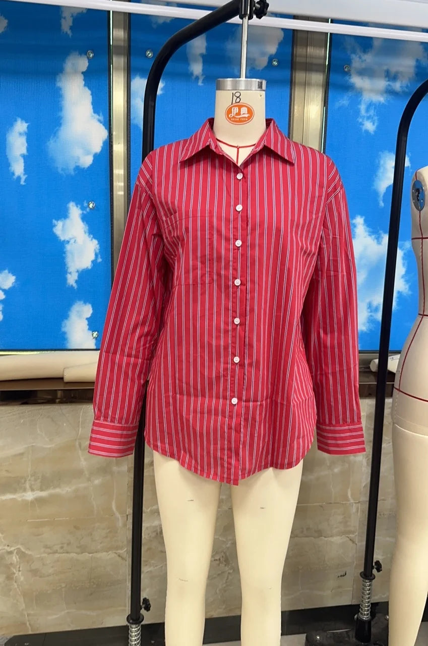 VacationGrabs Women Spring Button Down Shirt Pinstripe Loose Fit Long Sleeve Button Up Shirt Wide Collar Casual Tops Workout Shirts