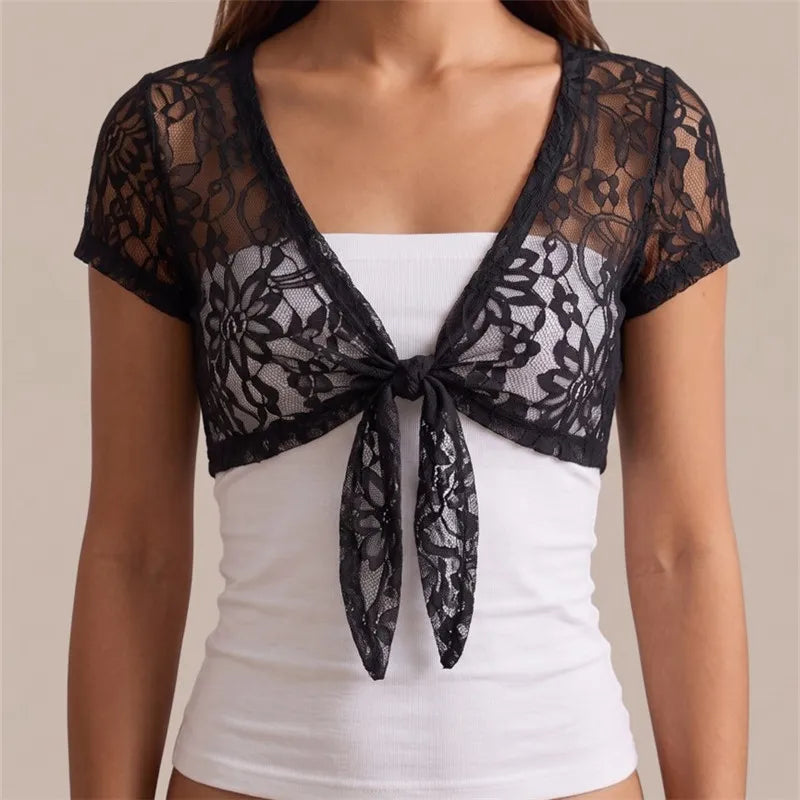 VacationGrabs Y2K Women Sheer Floral Lace Shrug Short Sleeve Front Tie Knot Cropped Bolero Top Summer Beach Party Cover Up Shawl