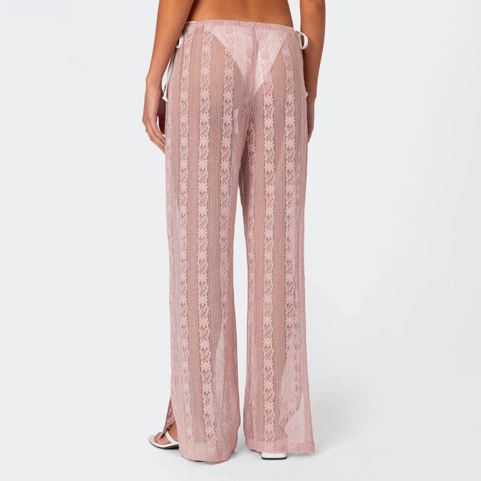VacationGrabs Women's Summer Sheer Beach Long Pants Casual Drawstring Waist Wide Leg Lace Floral See Through Pants Beachwear