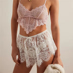 VacationGrabs Women’s Solid Color Lace See Through Shorts Casual Elastic Waist Wide Leg Lingerie Shorts Summer Lounge Bottoms