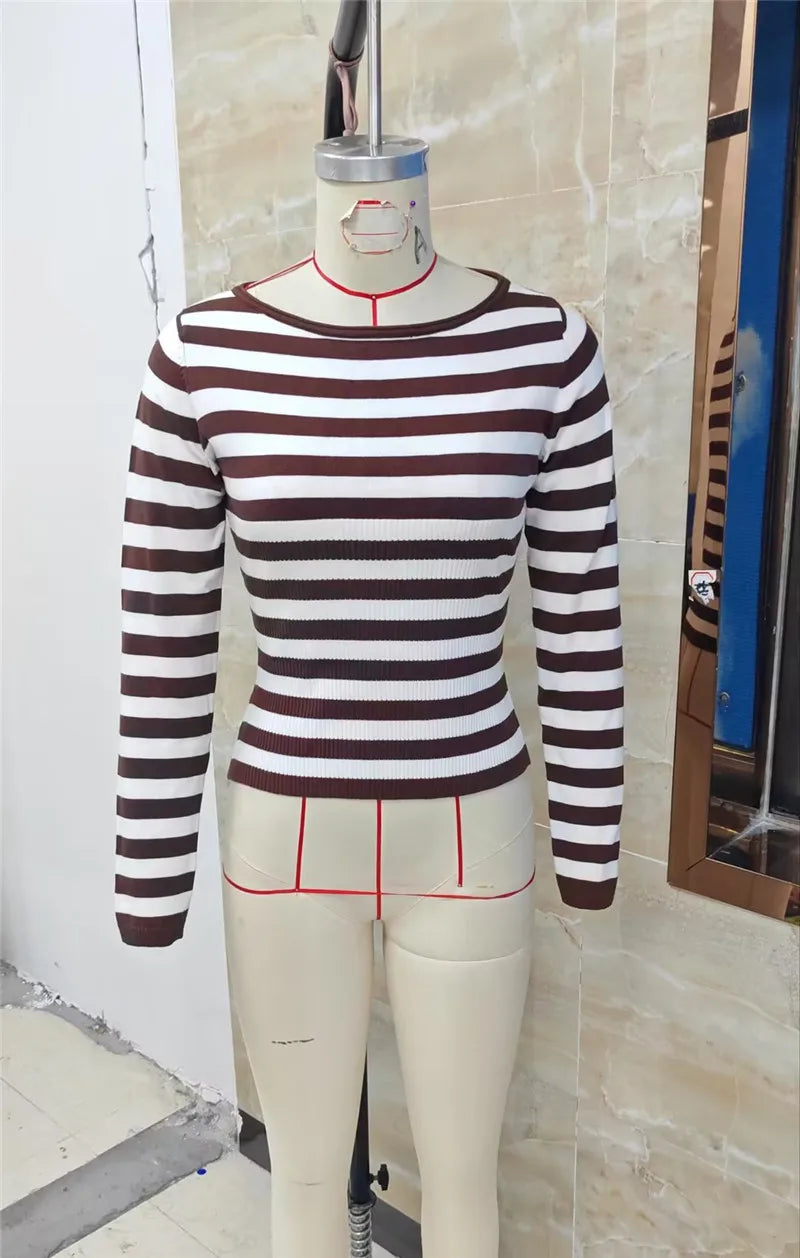 VacationGrabs Ladies Striped Ribbed Knit Crop Top Boat Neck Long Sleeve Form Fitting Slim Fit Casual Streetwear Fall Winter Daily Wear