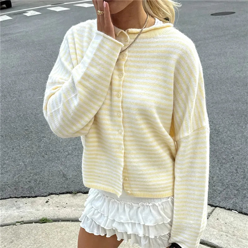Women's Striped Cropped Knit Cardigan – Loose Fit Button Down