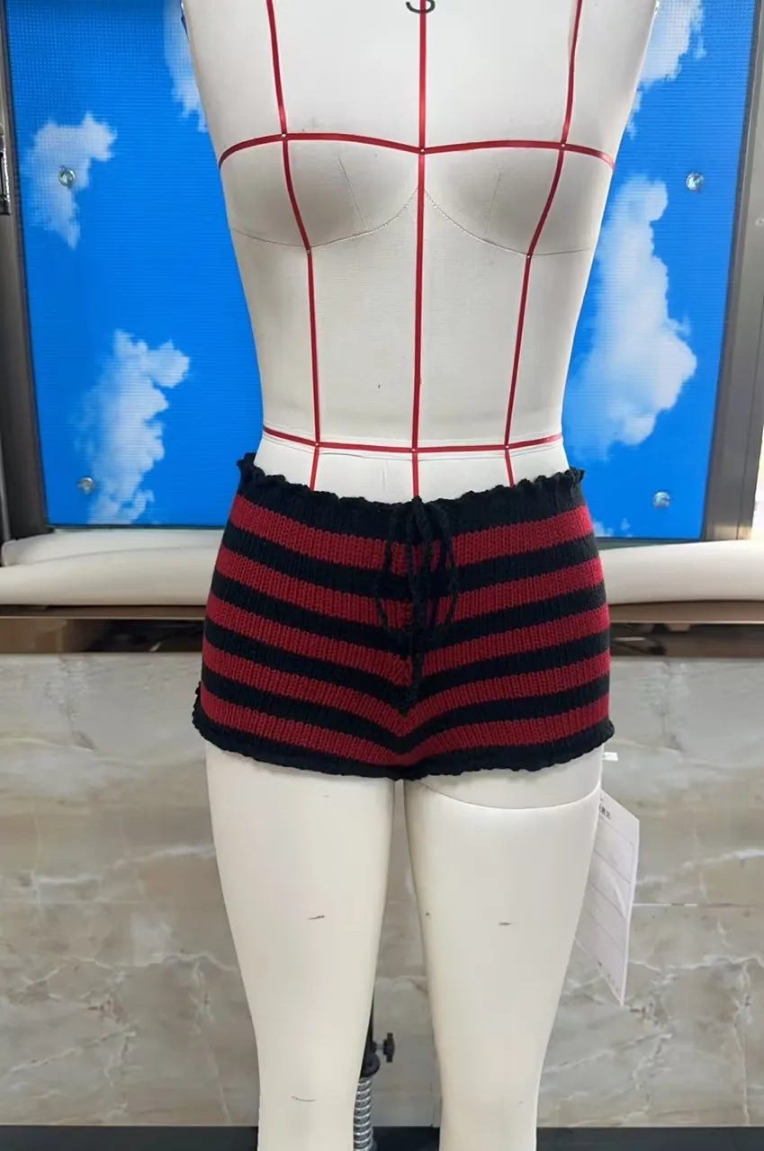 VacationGrabs Drawstring Knit Crochet Shorts Women Summer Low Waist Stripes Print Booty Shorts Grunge Stretchy Shorts HolidayBeachwear